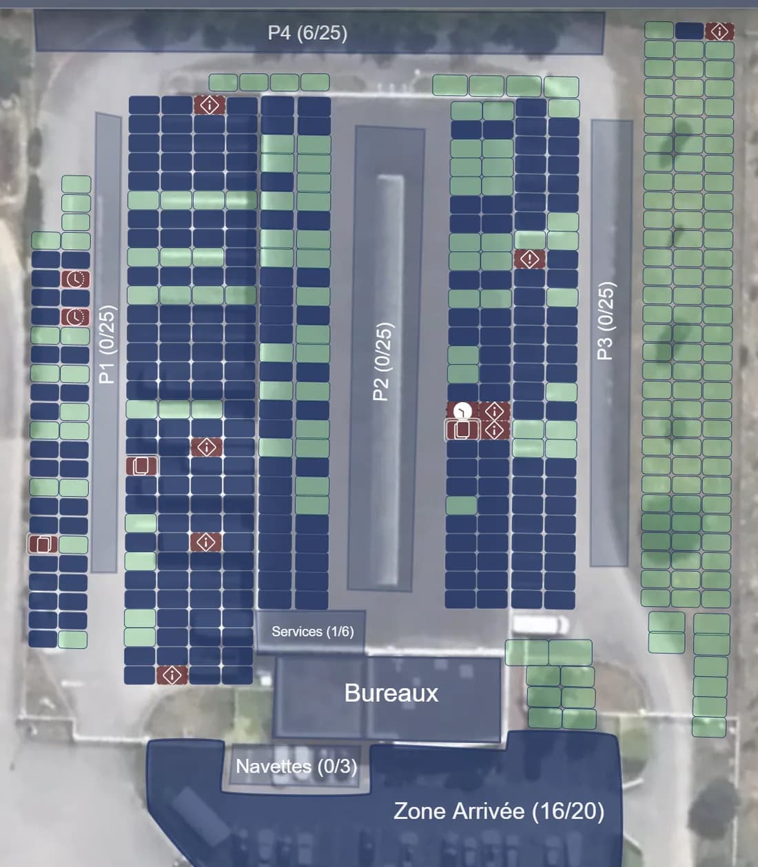 Plan ParkLiveMap du parking de Nantes avec zones P1 à P4, occupations en pourcentage et anomalies en rouge.