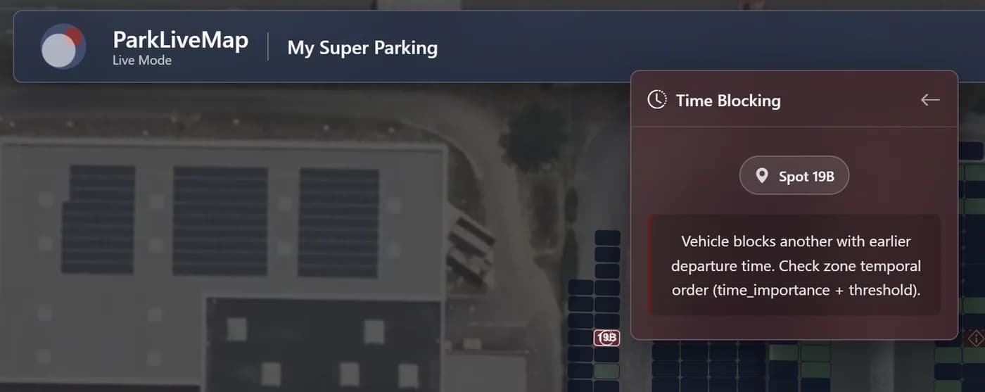 Popup ParkLiveMap signalant un véhicule en spot 19B bloqué par un autre dont l'heure de départ est plus proche.